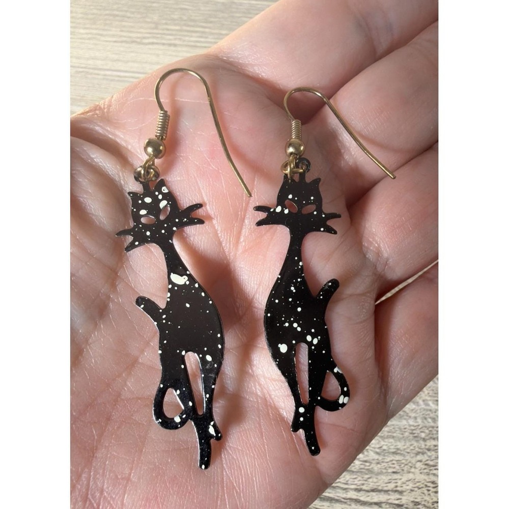 Pair Of Sassy Black Cat Dangling Pierced Earrings 2" Metal Enamel Halloween